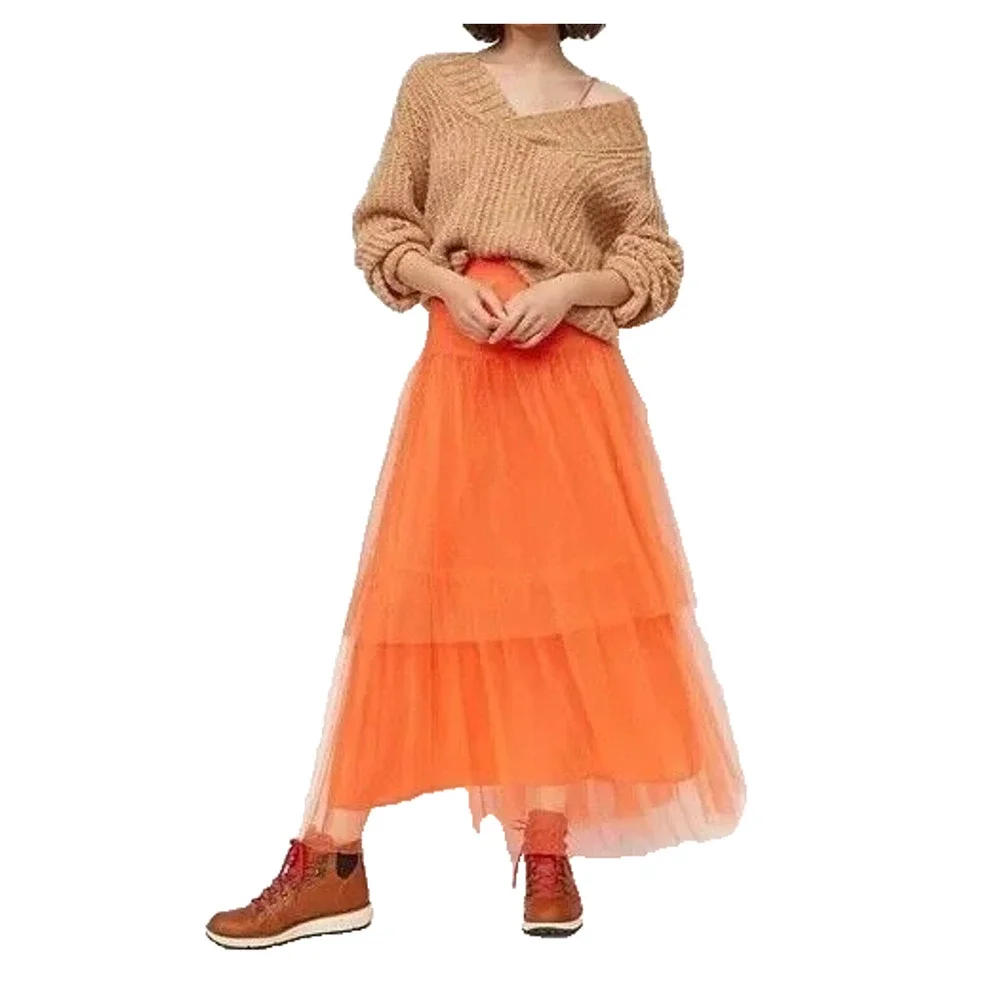 A8 NWT ANTHROPOLOGIE Evelyn Orange Mesh/Tulle Layered Long Skirt Size XL $148 - Picture 2 of 4